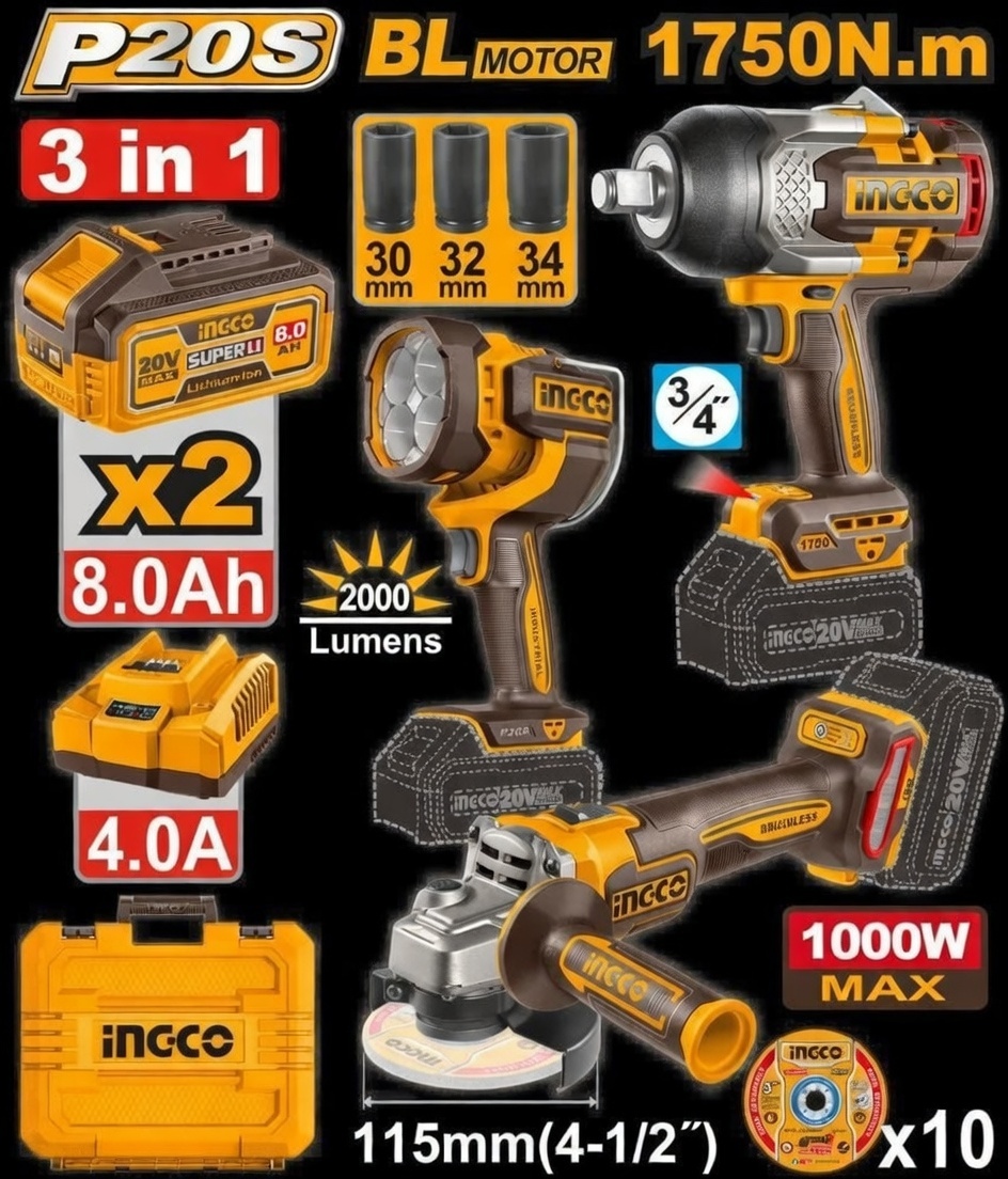 Kit combinado inalámbrico de 20 V (amoladora angular + llave de impacto 3/4″ 1750 Nm) + linterna 2200 lm con 2 baterías 8 Ah, cargador y caja