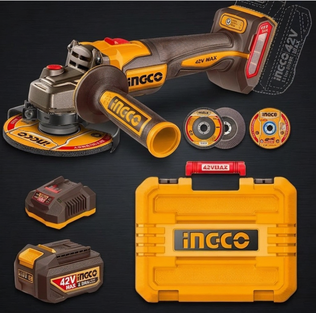 Amoladora angular inalámbrica INGCO 42V (kit)