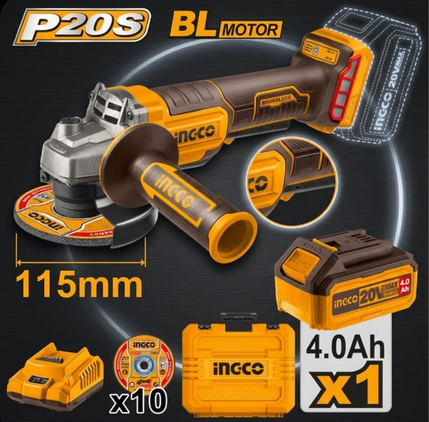 Amoladora Angular Inalámbrica INGCO P20S 20V Brushless 115mm (Kit Completo)