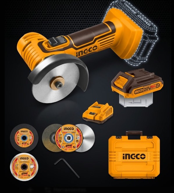 Amoladora de Mano Inalámbrica INGCO 20V + Kit Completo