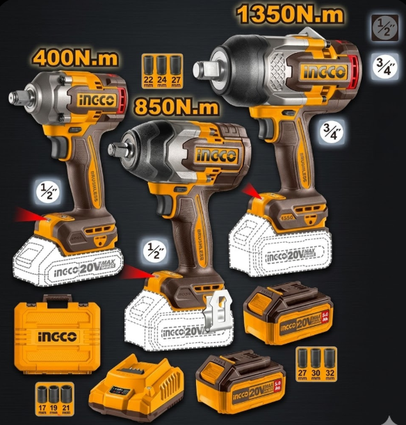 Combo de llave de impactos 1350N.m 850N.m 400N.m + x2 batería 4.0Ah
