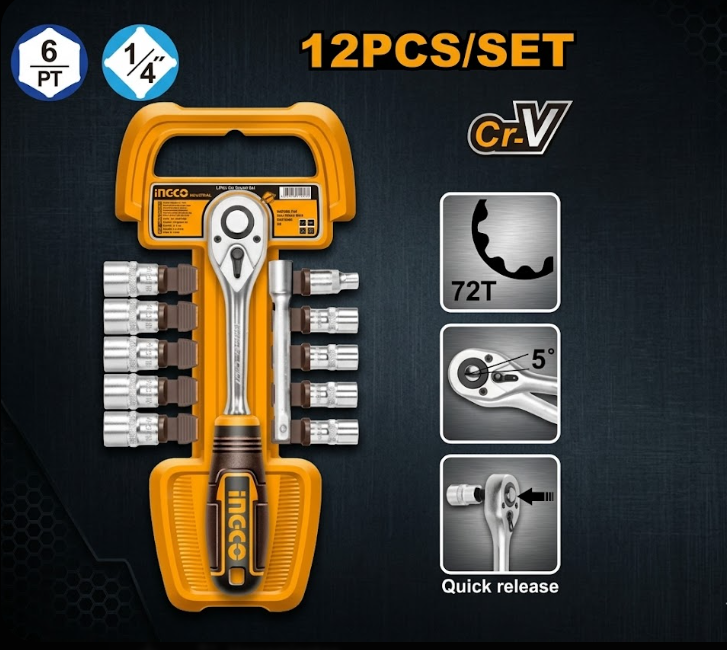 Crique + tubos 1/4" INGCO — 12 piezas