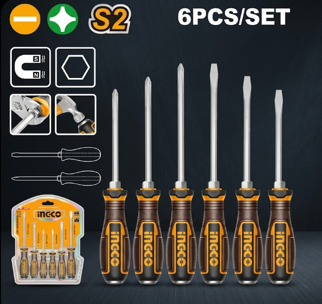 Juego de destornilladores INGCO con parte trasera para impacto — 6 piezas