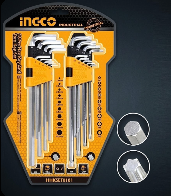 Juego de llaves Allen y Torx INGCO — 18 piezas