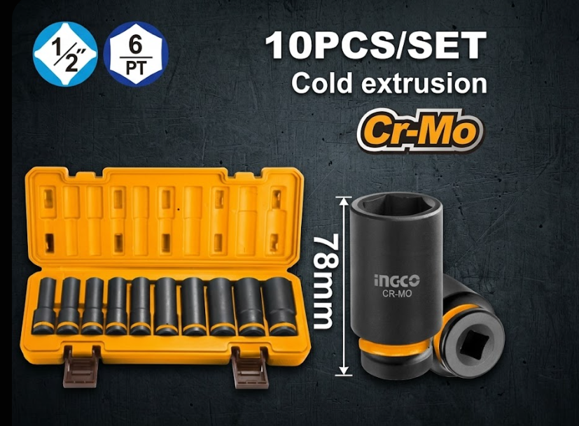 Juego de tubos de impacto INGCO 1/2" - 10 piezas Cr-Mo
