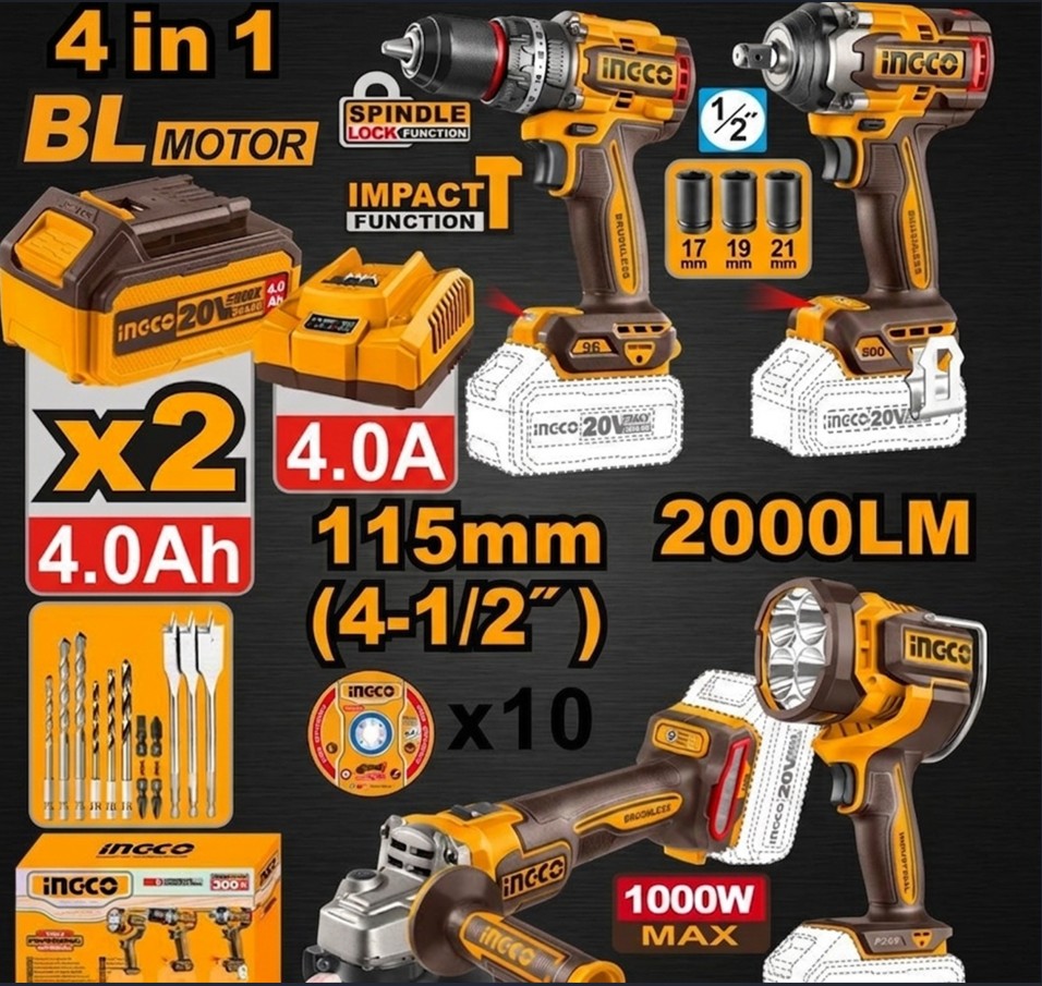 Kit 4 en 1 ATORNILLADOR DE IMPACTO 96Nm + LLAVE DE IMPACTO DE 500Nm + LINTERNA DE 2200Lms + AMOLADORA 1000W