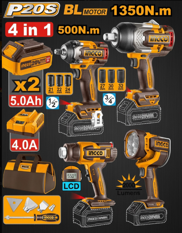 Kit INGCO P20S 4 en 1 — 20V Brushless (impacto + calor + linterna)
