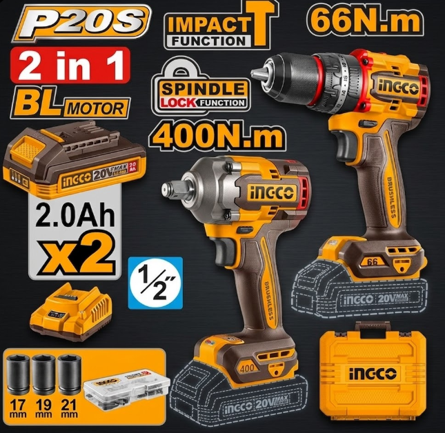 Kit Taladro 66N + Llave de Impacto 400N INGCO P20S 20V (2 en 1)