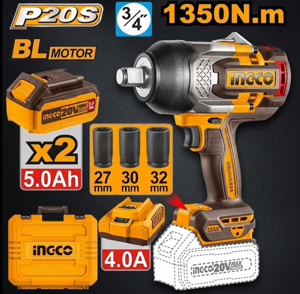 Llave de Impacto 1350N.m Inalámbrica INGCO P20S 20V 3/4” Brushless