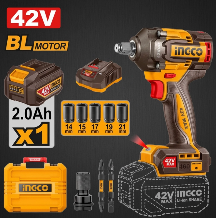 Llave de impacto 1/2" 460Nm 42V Brushless INGCO