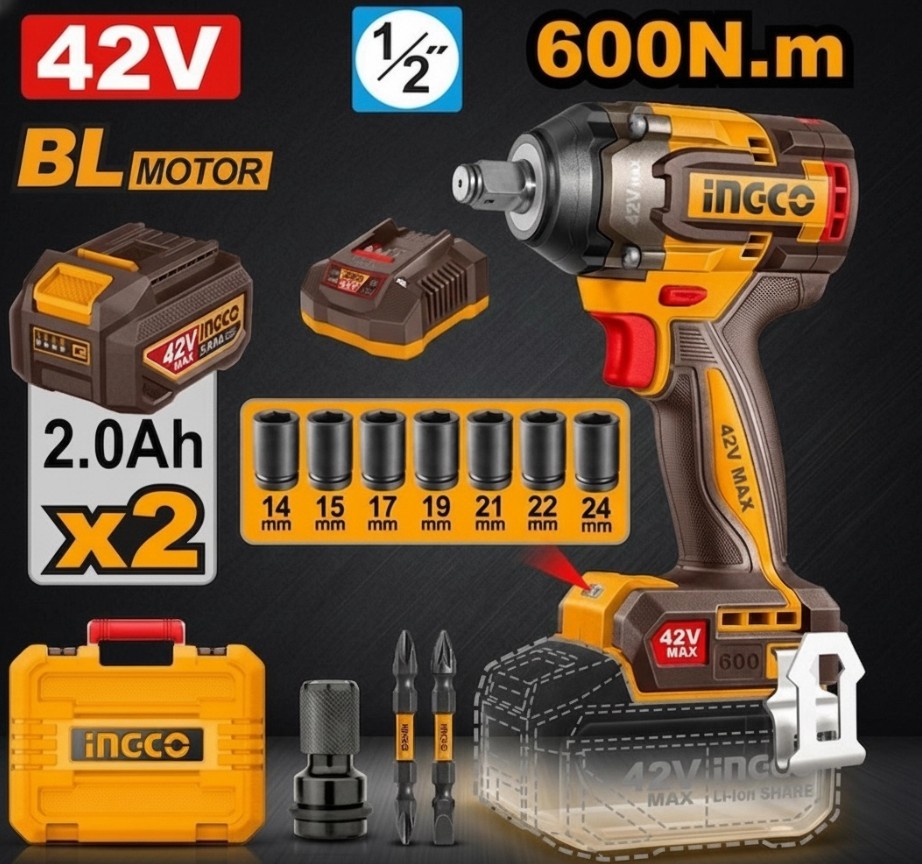 Llave de impacto a batería 42V Brushless 600Nm 1/2" INGCO