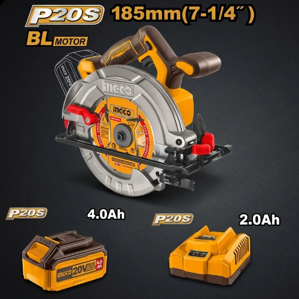 Sierra Circular Inalámbrica INGCO P20S 185mm (7-1/4") BL Motor
