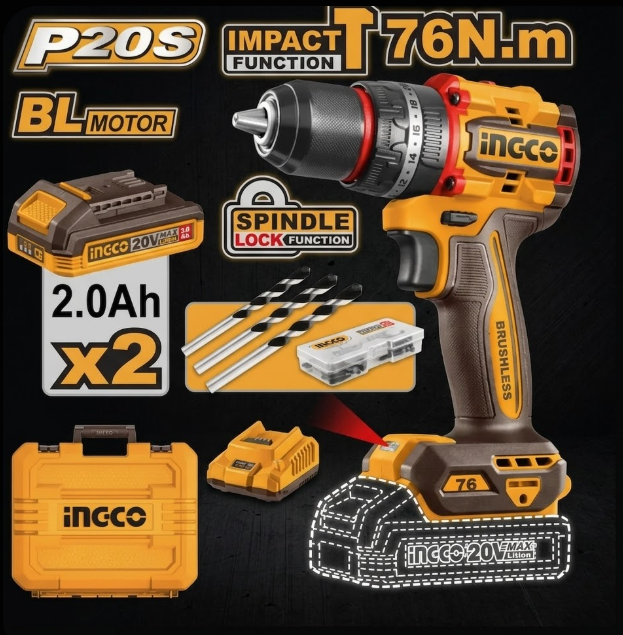 Taladro Atornillador Percutor INGCO P20S 20V Brushless (76Nm)