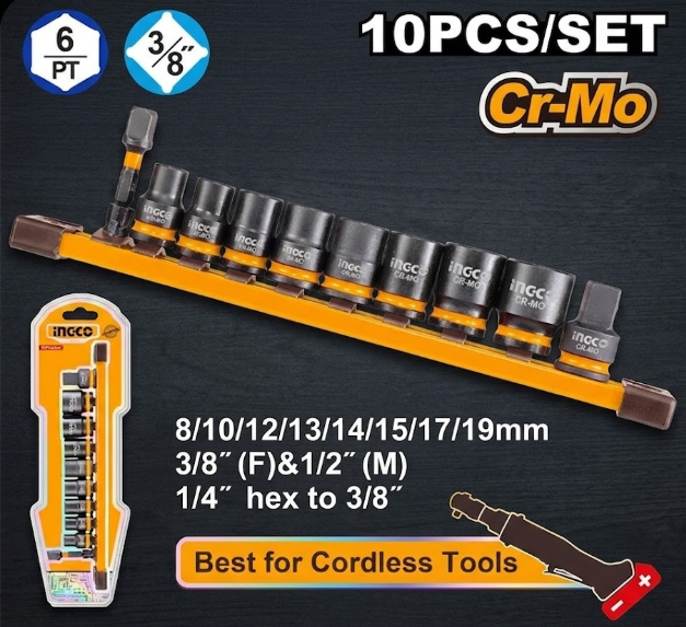 Tubos de impacto 3/8" INGCO + adaptador 1/4" — carraca a batería
